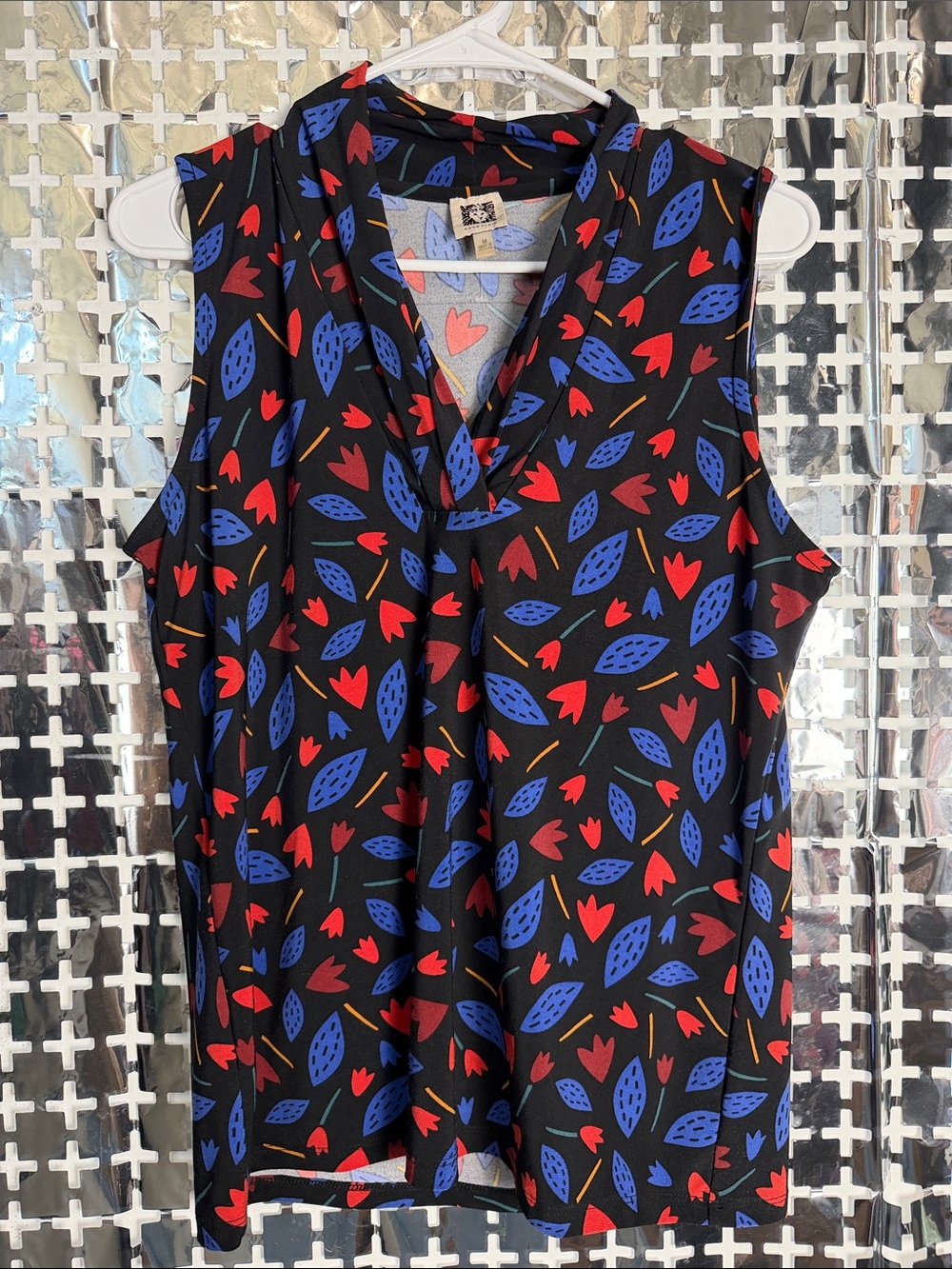Anne Klein Black Floral V-Neck Sleeveless Camisole with Blue & Red Motif